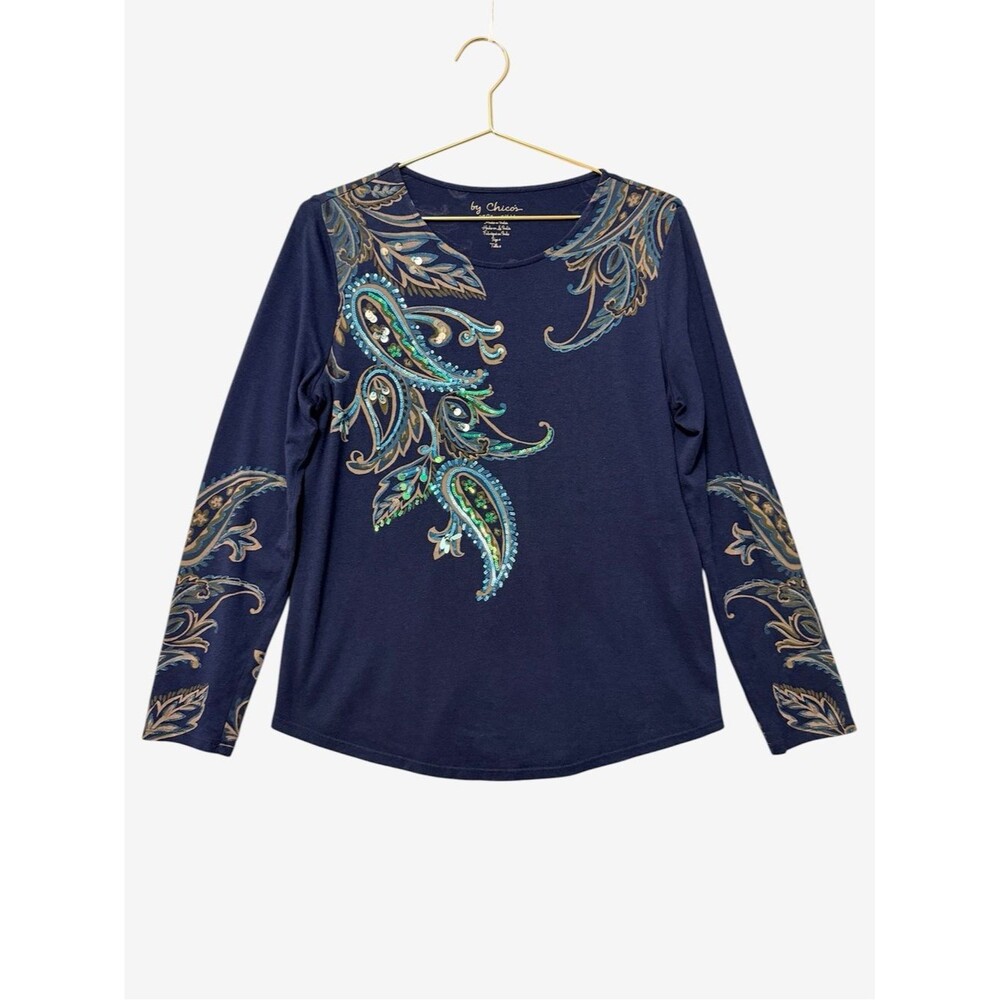 Chico's Long-Sleeve Paisley Embellished Tee Size (0) Small Navy Teal Sequins